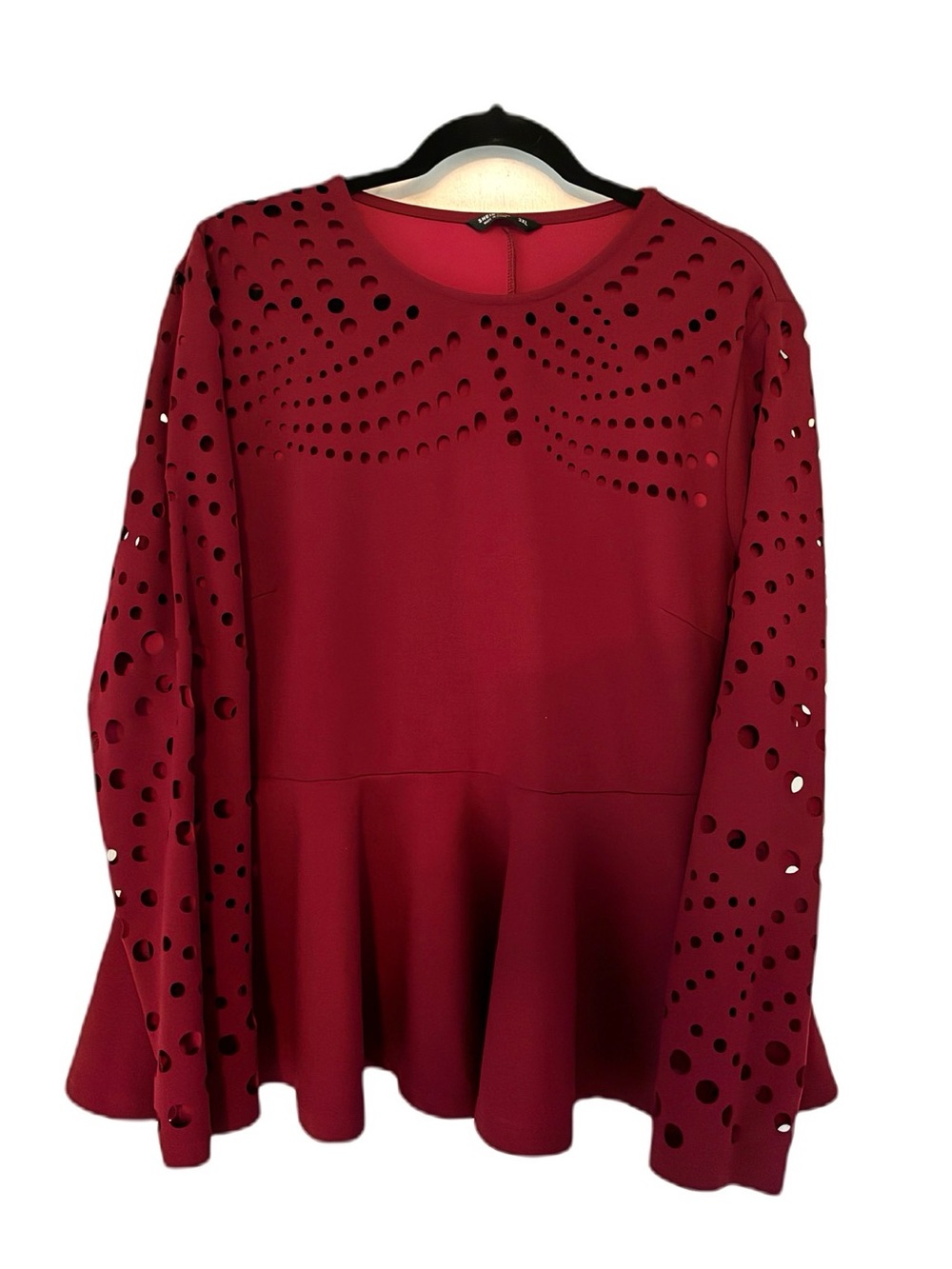 Women's SHEIN Curve Laser-Cut Peplum Top - Burgundy #34